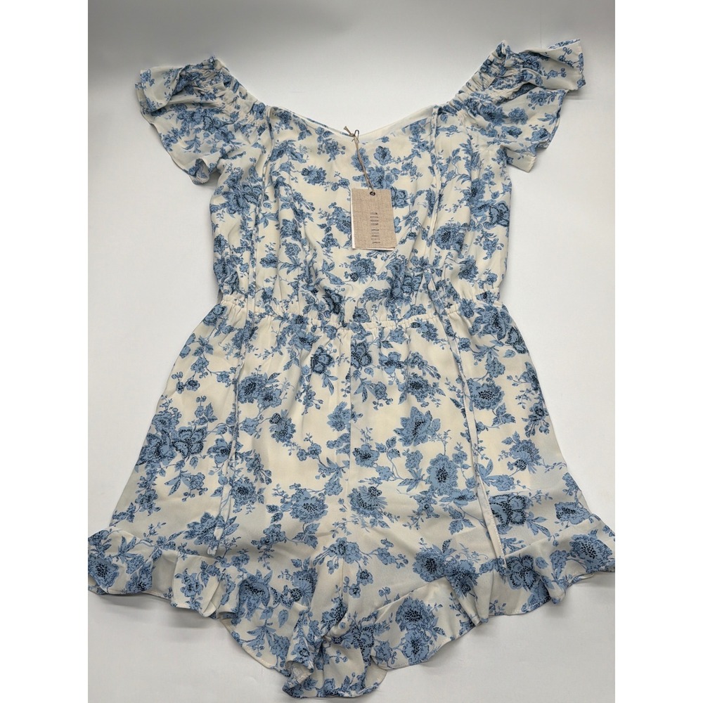 Moon River Blue White Floral Off Shoulder Ruffle Romper MR2725 Small NWT